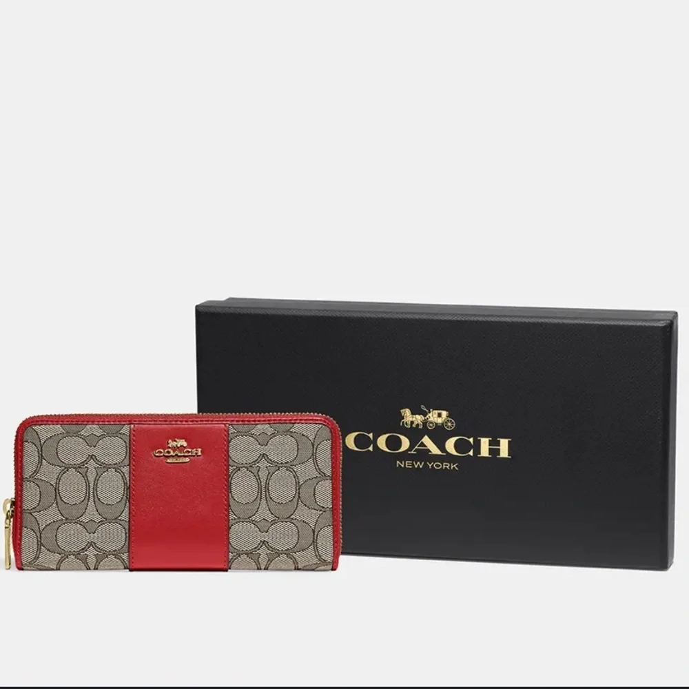 Coach Sport Red and Cocoa Brown Signature Jacquard Zip Accordion Wallet C5731B